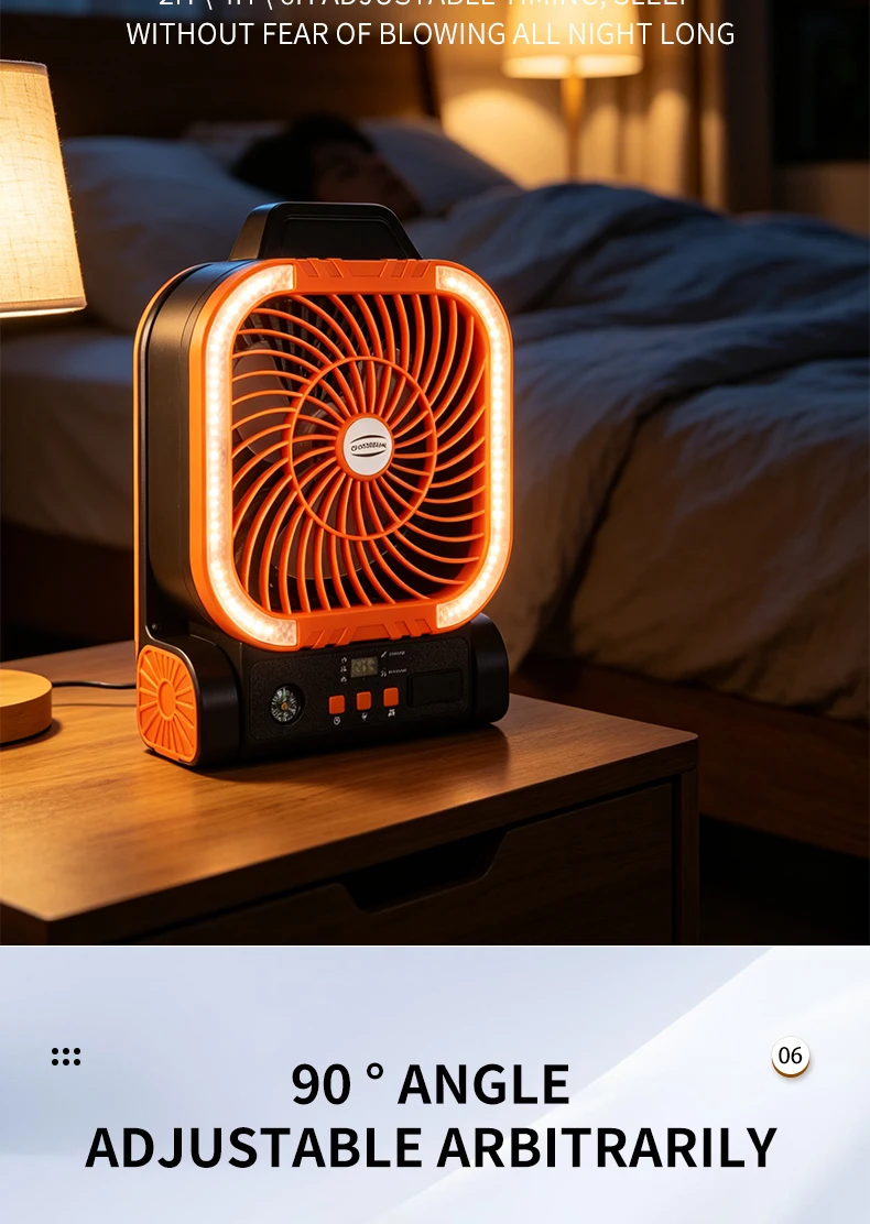 Solarbetriebener Campingventilator, tragbarer, wiederaufladbarer Tischventilator für den Außenbereich mit LED-Licht, Powerbank, Klapphaken für Zelt und Angeln – Detail 10
