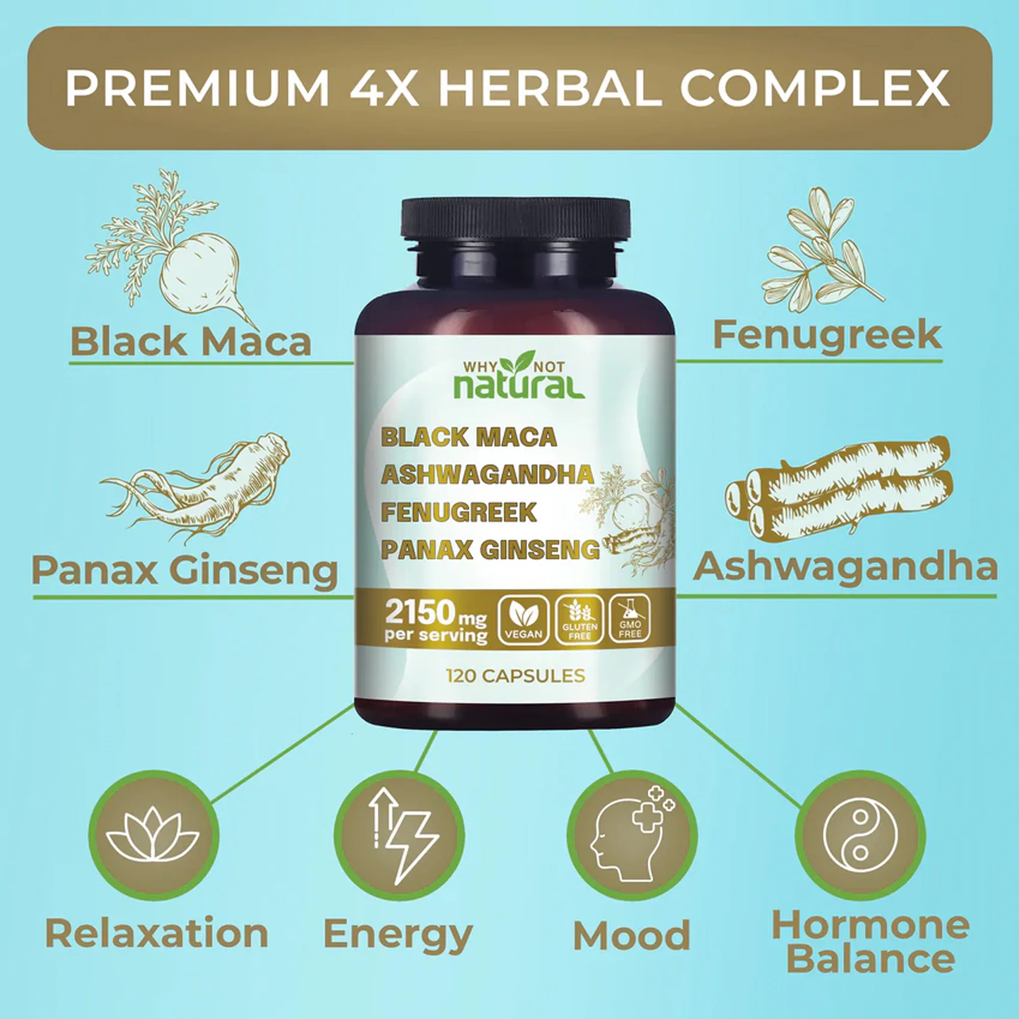 120 capsule 4 in 1 di radice di maca nera organica, Ashwagandha, fieno, Panax Ginseng - Migliora l'endurance e il fitness fisico