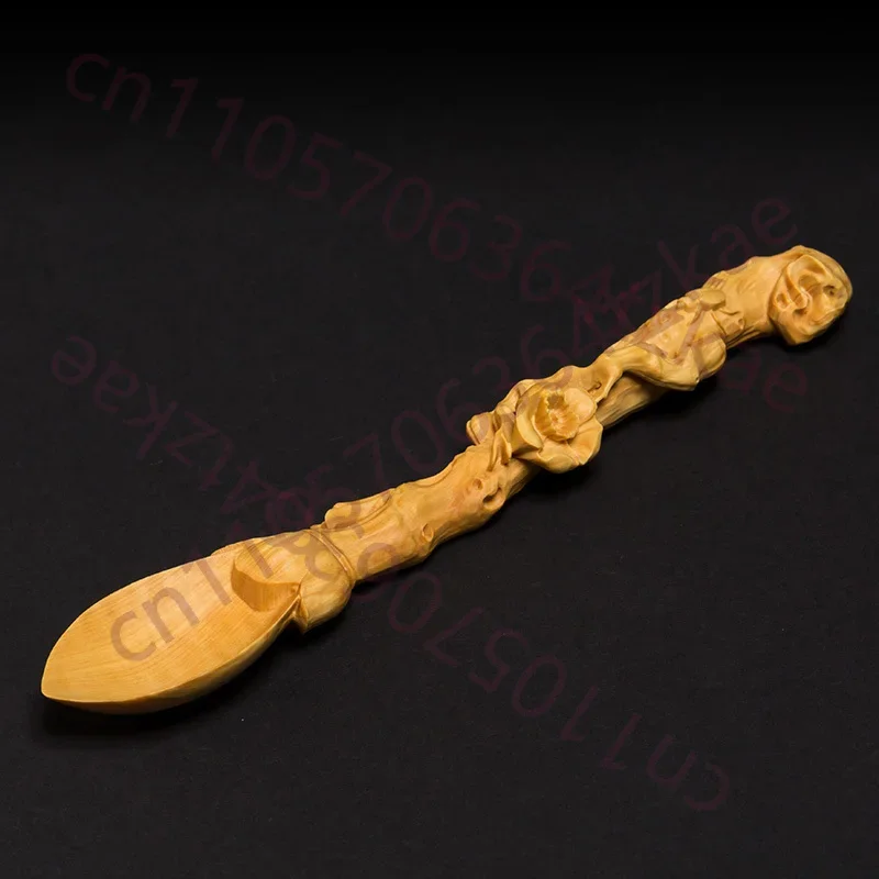 Hand Carved Wooden Tea Spoon Long Handle - Artistic Boxwood Carved Tea Scoop Kitchen Utensil Coffee Spice Herb Gift Decor