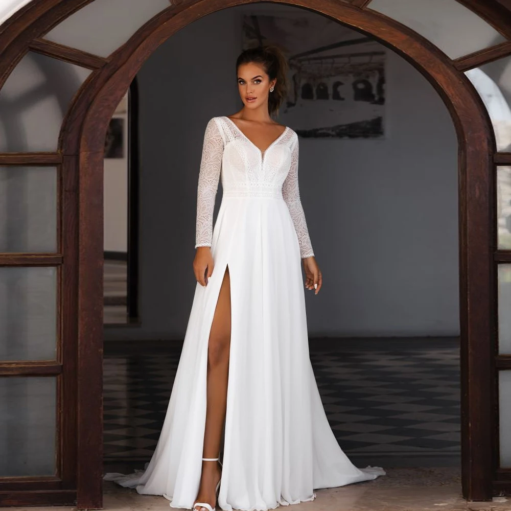 

Simple Ivory Full Sleeve Wedding Dresses with Lace 2024 Strapless Chiffon Side Slit Bridal Gowns for Women Vestido De Novia 2025