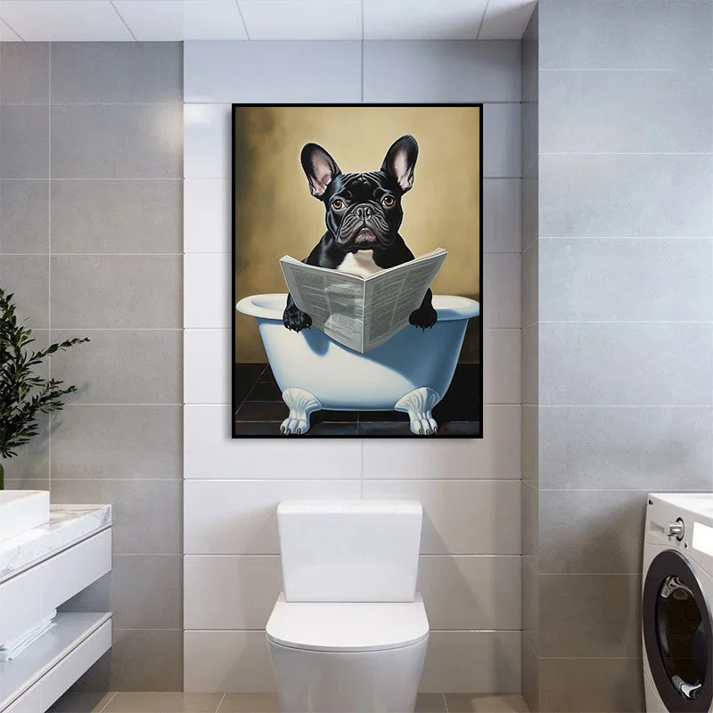 Funny French Bulldog Pug Dog Sit on Toilet Read Newspaper Poster Canvas Painting Print Animal Wall Art for Bathroom Home Decor