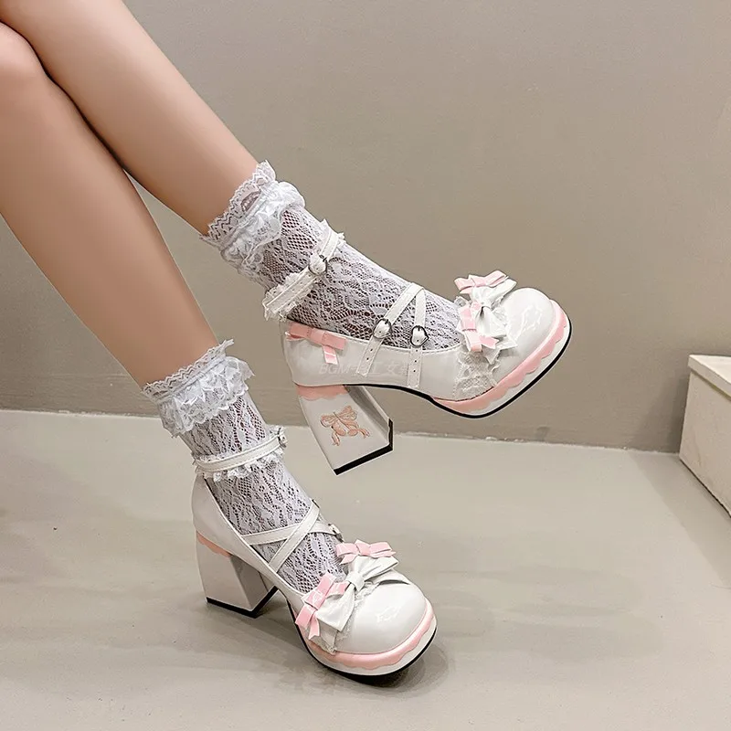 Sweet Plus Size High Heels Lolita Shoes Women's Lace Bow Jk Single Shoes Lo Shoes Girl Mary Jane Leather Shoes