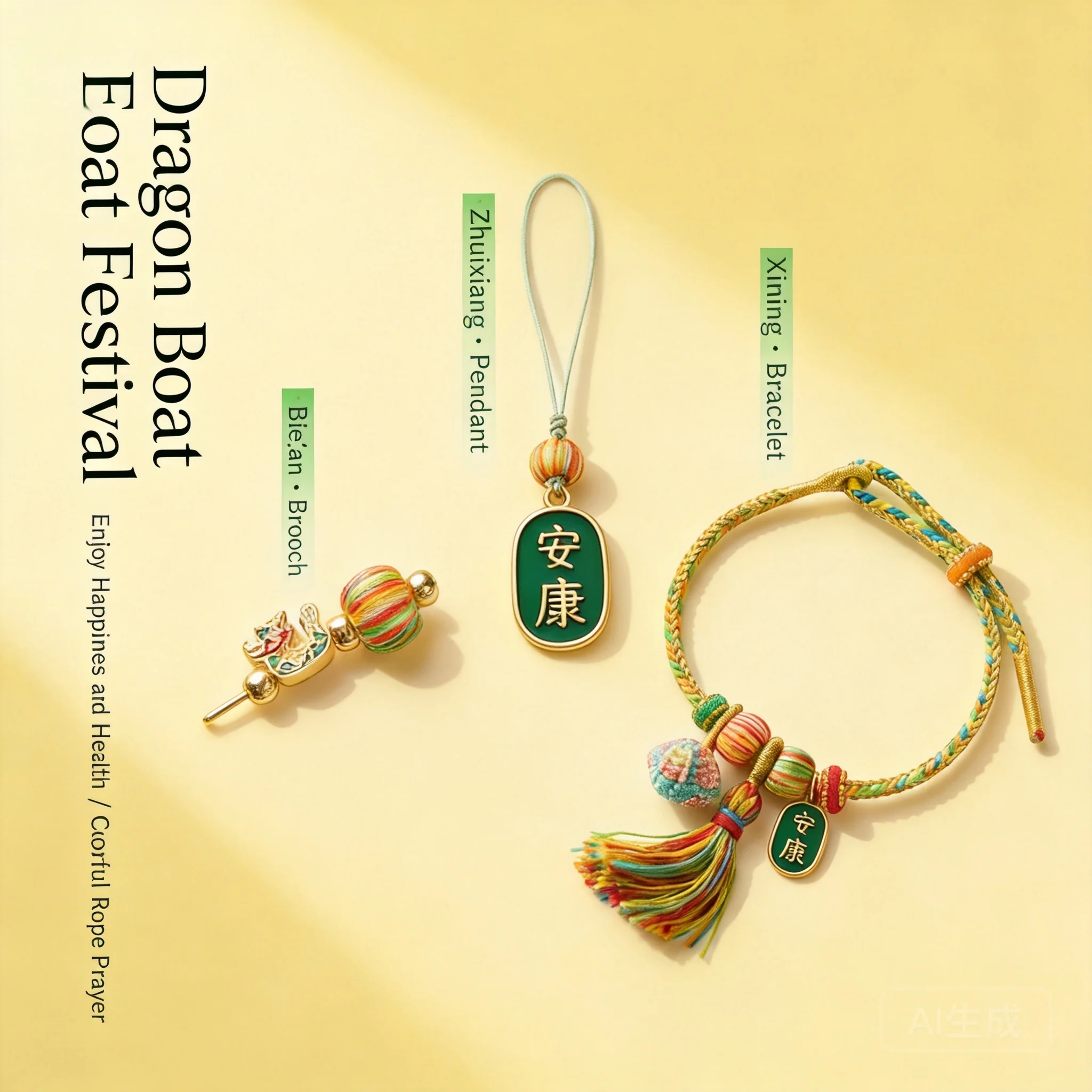 

Chinese Dragon Boat Festival Handmade Colorful Weave Bracelet Brooch Pendant Set Lucky Zongzi Tassel Peace Blessing Fortune Ausp