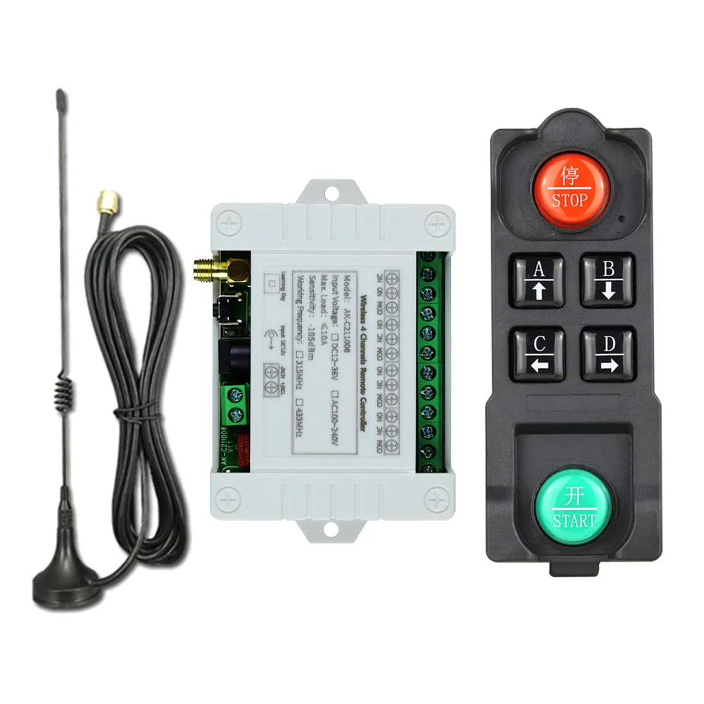 DC 12-36V  AC 100-240V 4CH Wireless Remote Control LED Light Switch 10A Relay RF Waterproof Transmitter Receiver 2M Antennae