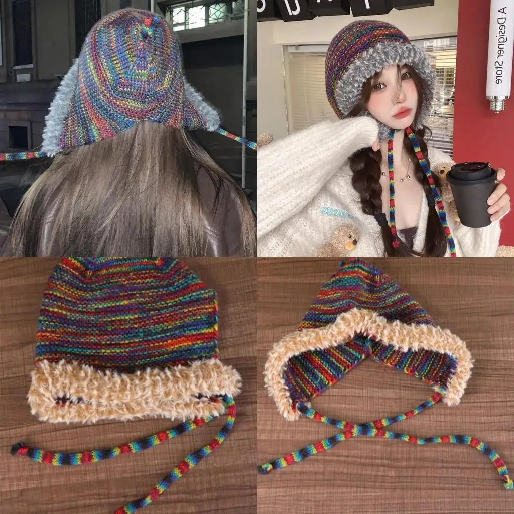 652F Rainbow Slouchy Hat for Women Knit Striped Ear Flap Beanie Hat Outdoor Sports Hat Cold Weather Windproof Warm Headdress