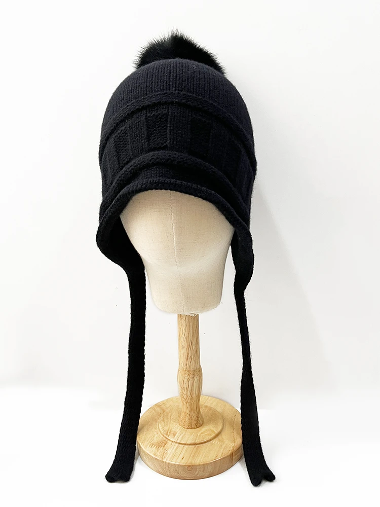 Women Winter 100% Cashmere Knit Peruvian Hat Chullo Real Fox Fur Pompom Earflap Beanie with Braids Warm Soft Aviator Caps Warm