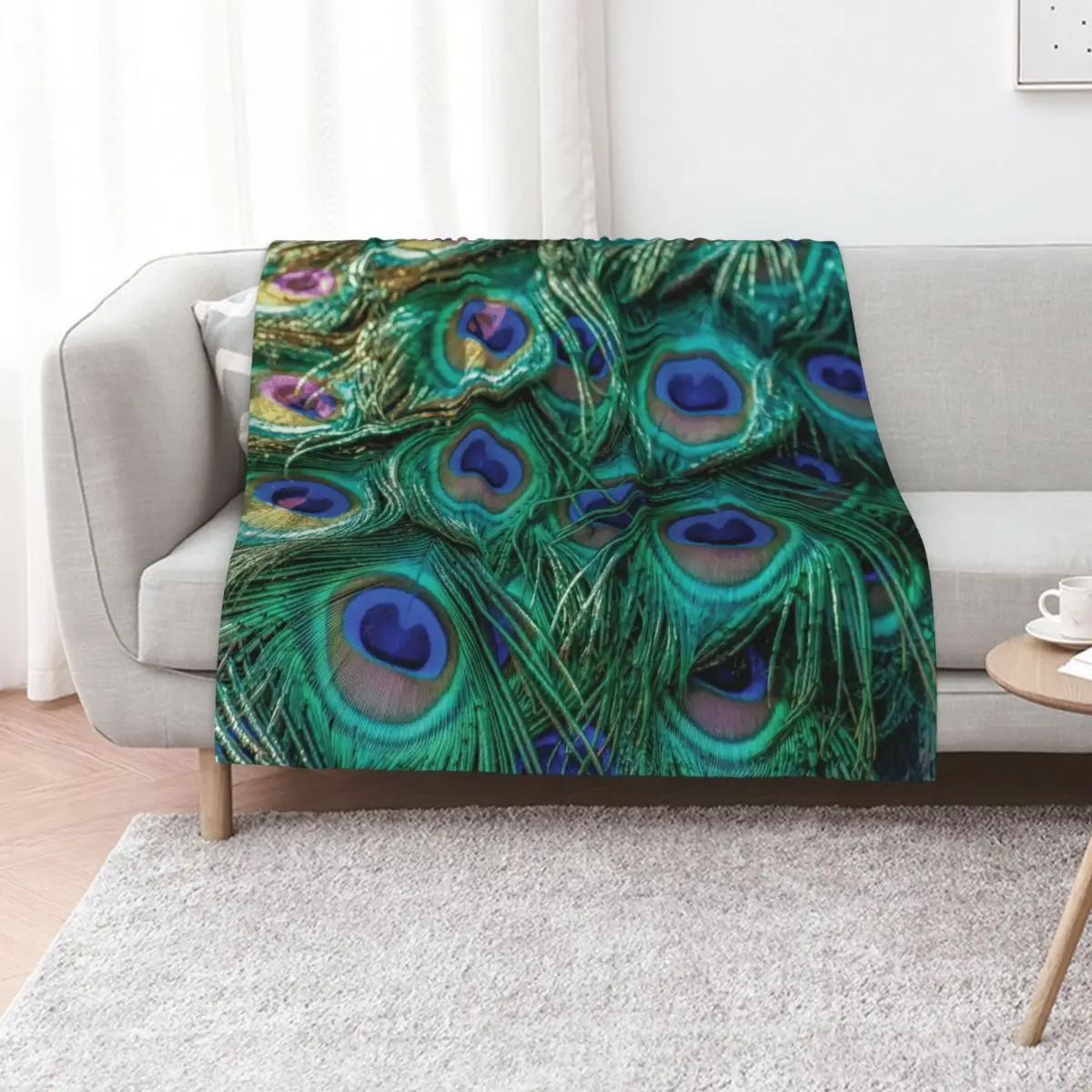 Green and blue peacock feathers Throw Blanket bed plaid Soft Plush Plaid Hair funny gift Hairy Flannel Fabric Blankets