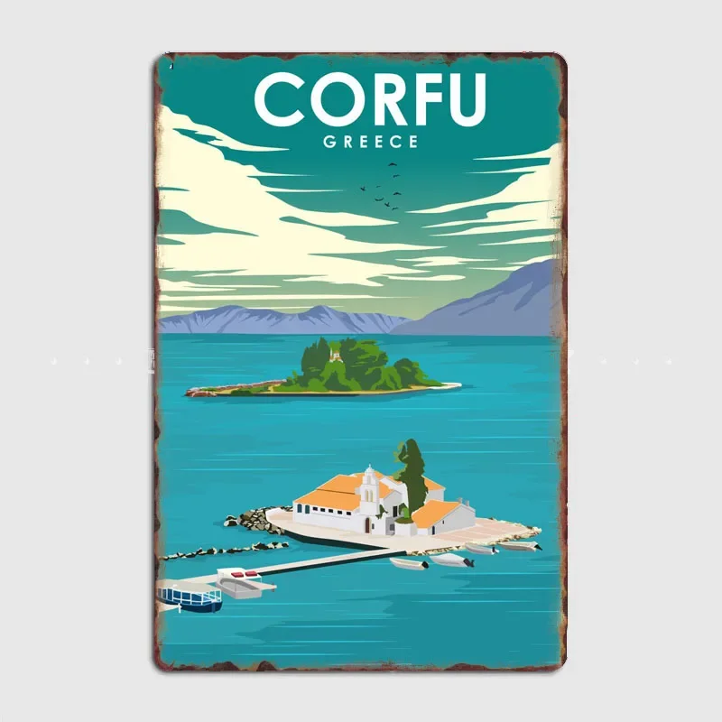 Туристическое притяжение Corfu Греция Подорожный постер Настенная живопись Металлическая картина Винтаж Сад Оловянная вывеска Домашний декор Украшение комнаты