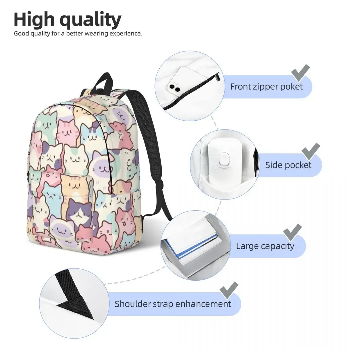 Men Women Backpack Large Capacity School Backpack for Student Cute Cats School Bag