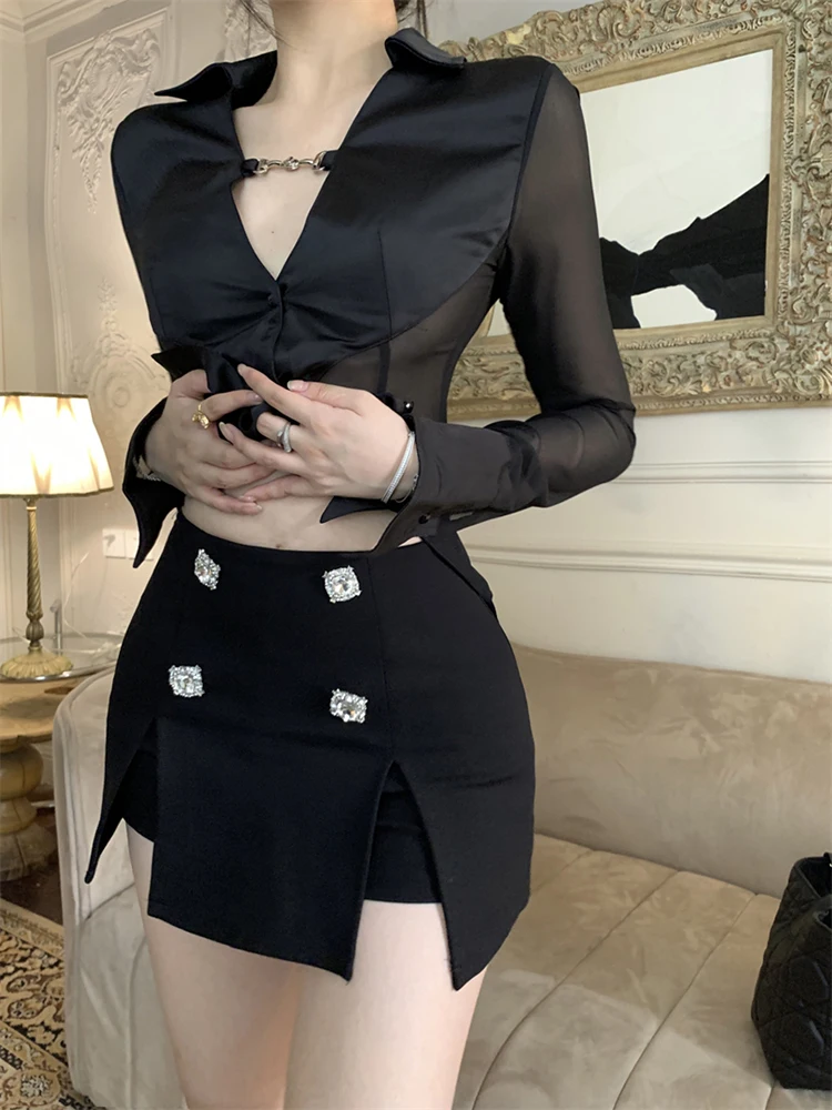 REDDACHiC Sheer Mesh Spliced Stain Black Shirt Women Casual Solid Chain Decor V-neck Long Sleeves Blouse Top Korean OL Work Wear