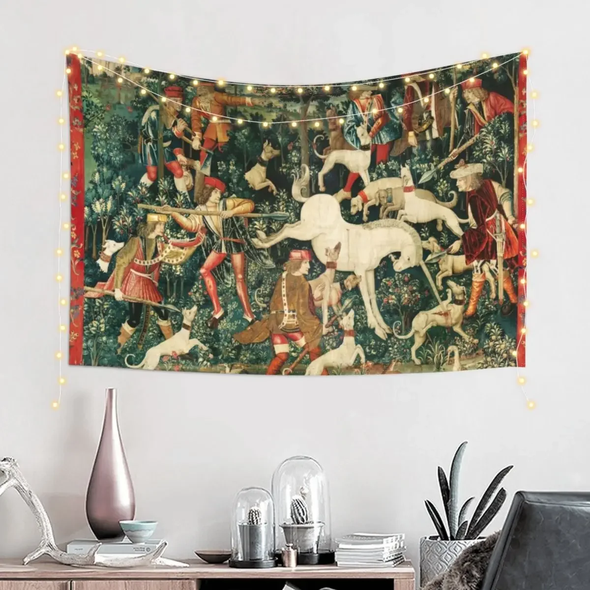 UNICORN DEFENDS ITSELF / Dogs and Other Animals,Green Floral Tapestry Decorative Wall Mural Hanging Wall Tapestry