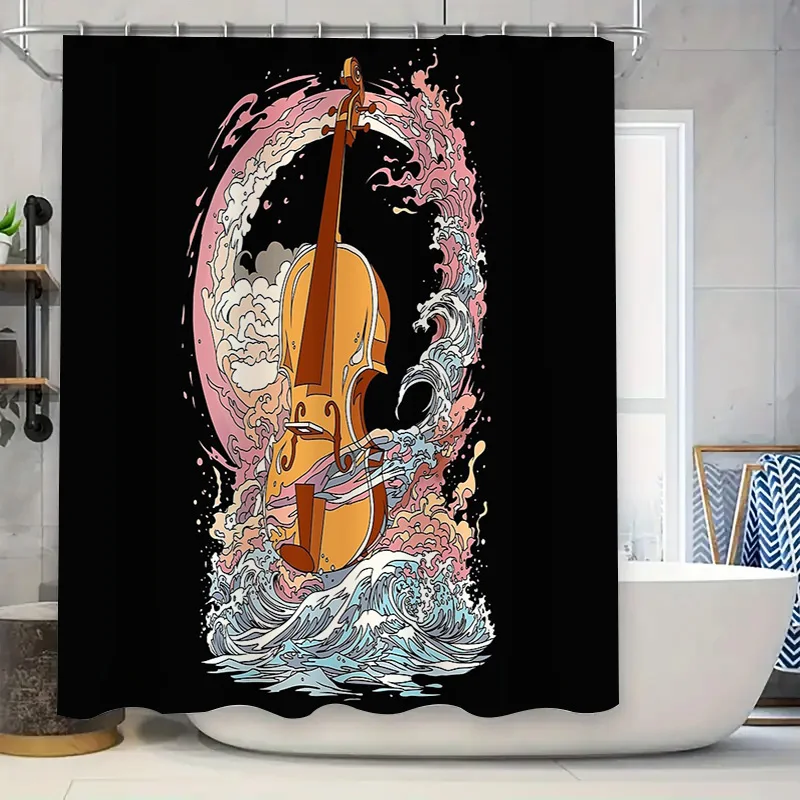 

Vintage Violin Ocean Wave Shower Curtain Artistic Music Lover Bathroom Decor Japanese Style Washable Waterproof Tapestry