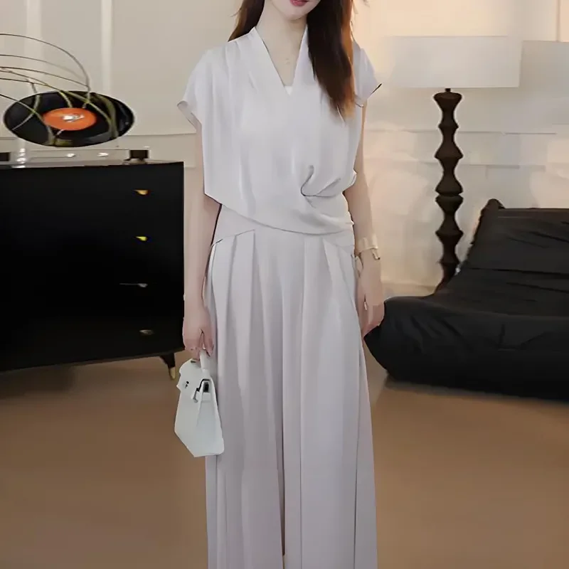 

Women's Elegant Solid Color Wrap V Neck Blouse High Waist Wide Leg Pants Two Piece Summer Outfit