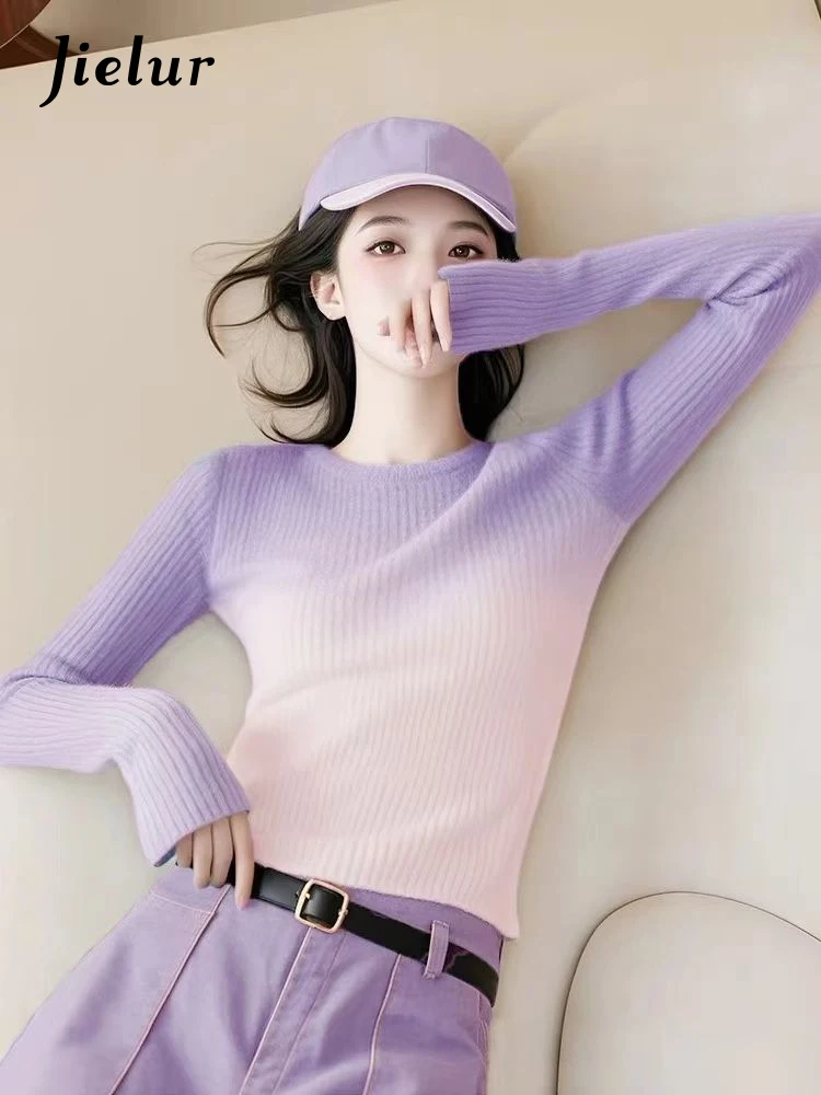 New Chic Sweet Gradient Color Basic O-Neck Female Pullovers Korean Fashion Striped Simple Long Sleeves Knitted Women Pullovers