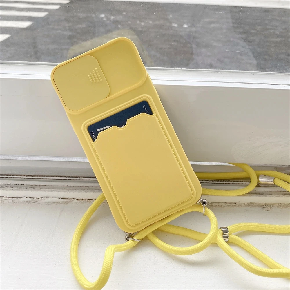 Slide Camera Silicone Card Holder Wallet Crossbody Strap Phone Case For iPhone 15 Pro Max 14 13 12 11 15 Plus Shockproof Cover