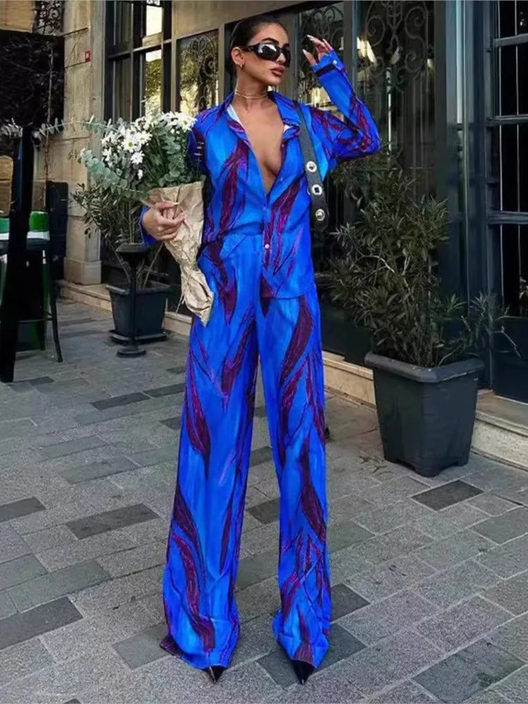 

Fashionable Blue Printed Pants Suit Women's Loose Long Sleeve Shirt Wide Leg Pants Sets 2024 Summer Elegant Women's 2-piece Set