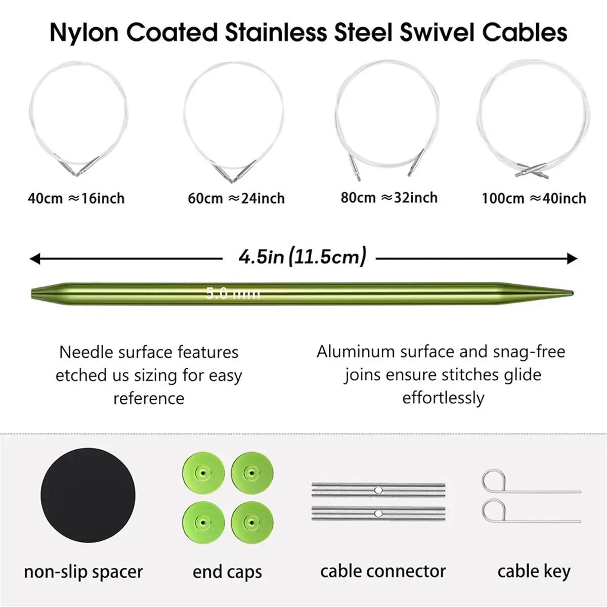Interchangeable Circular Knitting Needles Set, 10-Pair Metal Needles with 4 Cords and Project Bag