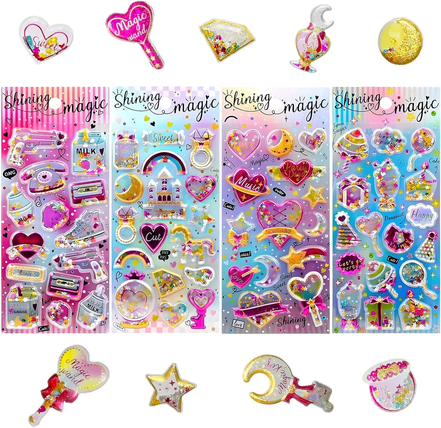 ملصقات ثلاثية الأبعاد منتفخة لامعة من رقائق الذهب ملصقات قابلة لإعادة الاستخدام مع خرز هزاز للفتيات والأولاد والمراهقين شارات فريدة من نوعها سباركلي