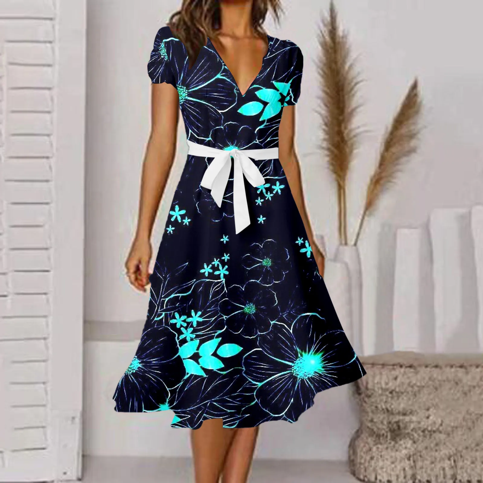 

Women's Robe Dress Floral Print Short Sleeve Summer Boho Long Dress Women Casual Loose V Neck Slim Sun Dress Vestidos 2023