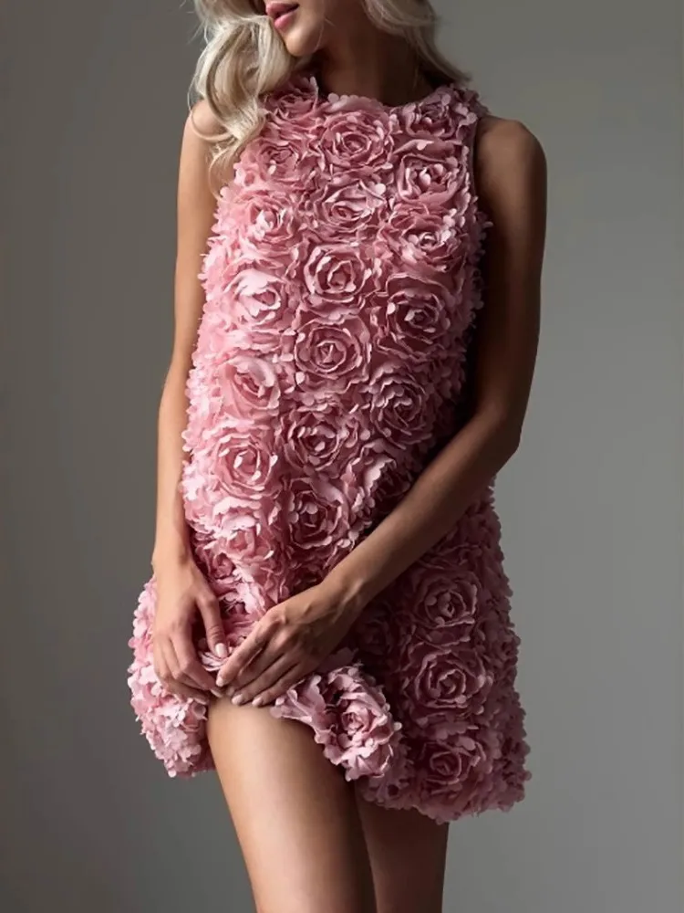 

2025 Women Sexy Luxury Sleeveless O Neck 3D Flowers Pink Dress Birthday Party Costume Bar Nightclub Stage Performance Clothing