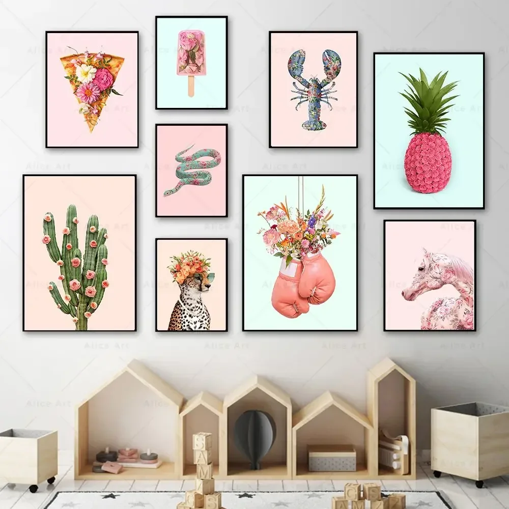 Kawaii Kids Room Decor Pink Blue Floral Pizza Lobster Horse Cactus Wall Art Canvas Painting Flower Power Poster Prints Pictures