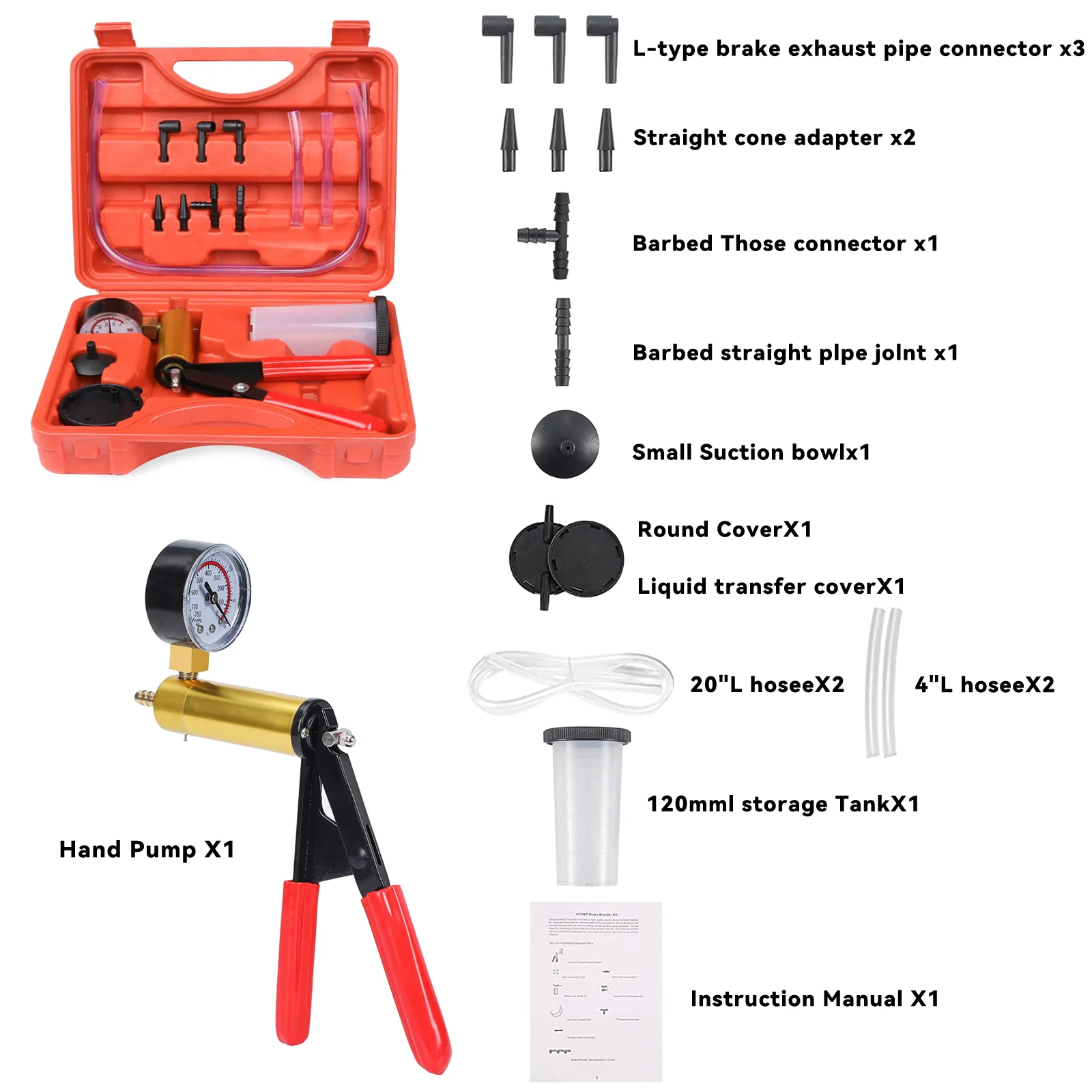 2 in 1 Manual Vacuum Pressure Pump Kit Portable Aluminum Vacuum Gauge Vacuum Pistol Pump Tester Brake Fluid Drain Bleeding Tool