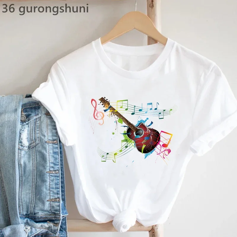 I Love Music Graphic Print Tshirt Women Cool White T-Shirt Femme Summer Fashion T Shirt Female Music Lover Note Shirt Wholesale