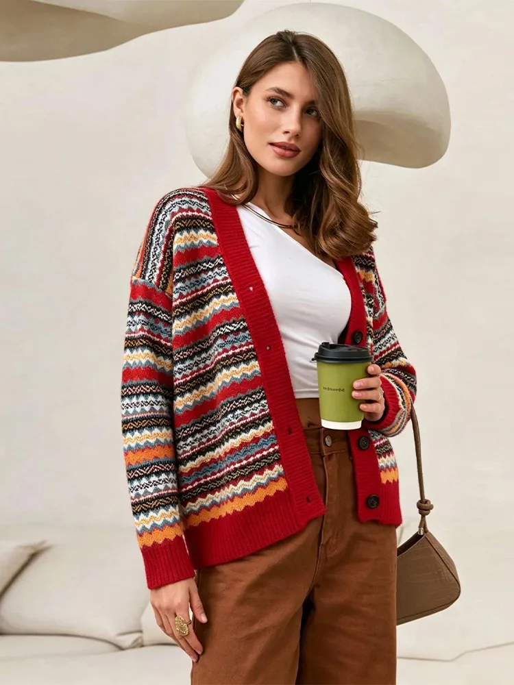 Gestrickter Gerippter V-Ausschnitt Jacquard-Cardigan für Damen, Eleganter Langarm-Cardigan mit Einzelknopfleiste, Paneelen und Loser Passform, Schicke Damen-Streetwear – Detail 6