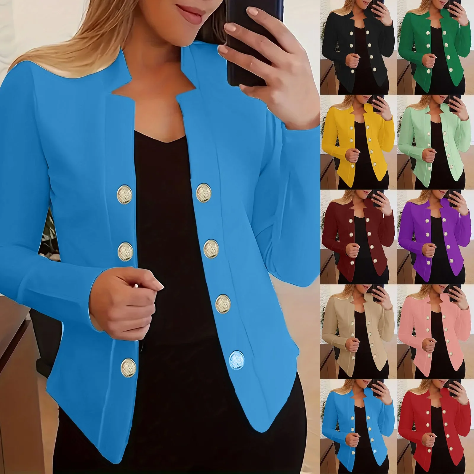 Pop Elegant Women's Blazer Coat Notch Collar Cardigan Button Decor Warm Formal Business OL Office Suit Coat 2025 New Autumn Wint