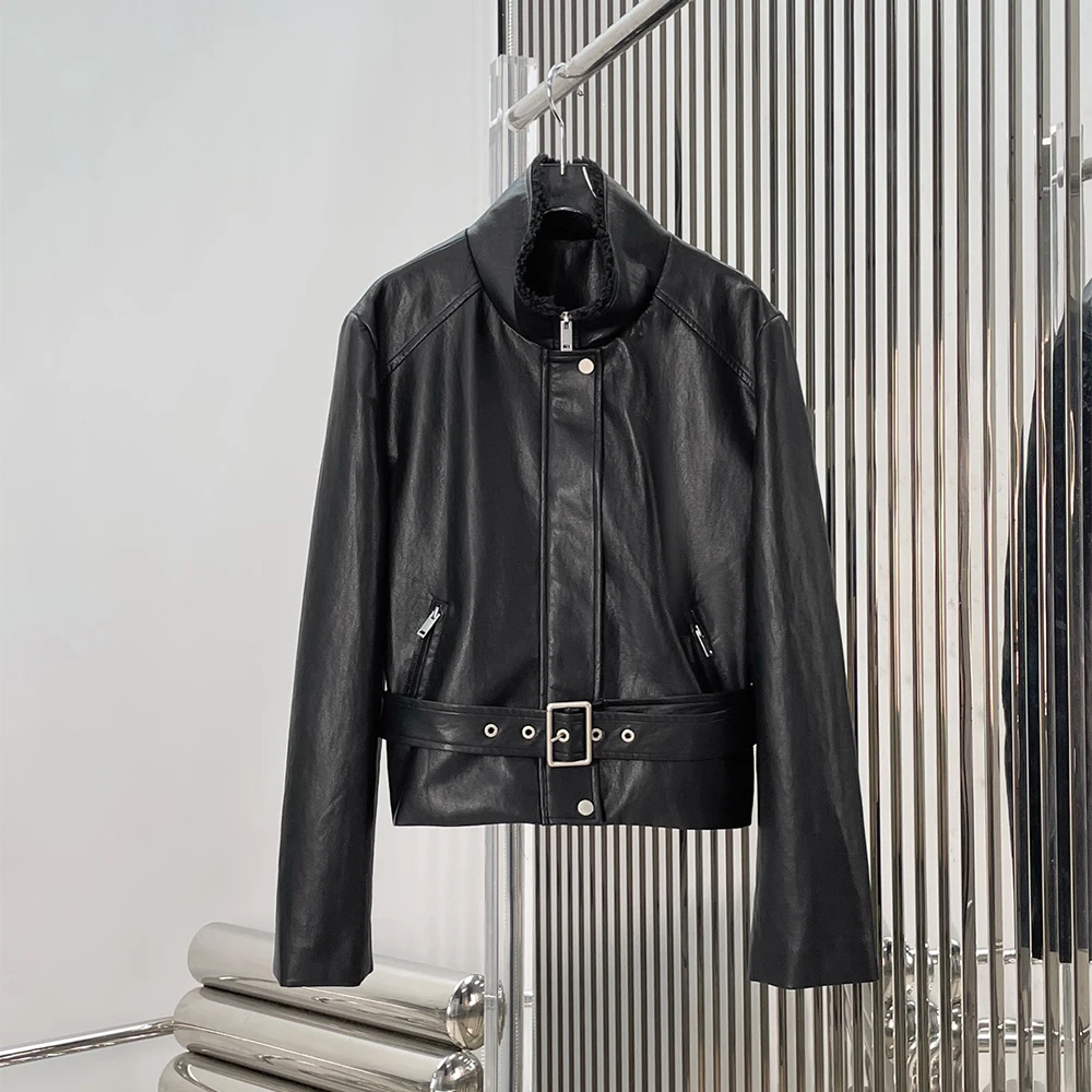 

Женская кожаная куртка с флисовой подкладкой и воротником, в стиле ретро, модная повседневная куртка с поясом, весна 2026, новинка, стиль Y2K