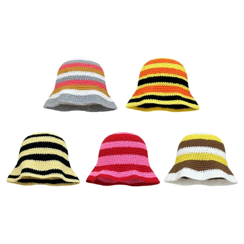 

Sweet Girls Crochet Stripe Pattern Bucket Hat Cute Ladies Fisherman Cap Color Matching Woman Teens Casual Sunproof Hat