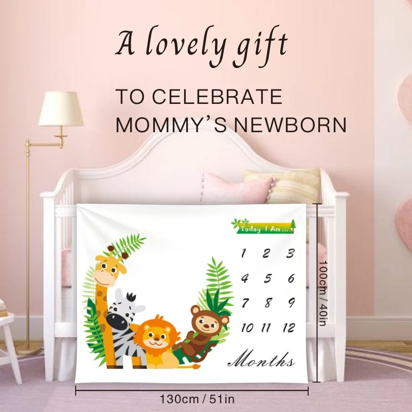 VIKAMA Jungle Animal Baby Milestone Blanket, Cute Pet Print, Soft Skin-Friendly Material, Monthly Growth Tracker & Newborn Gift