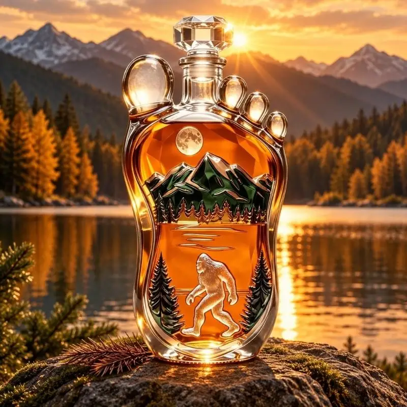 Clear Glass Liquor Bottle with Dimensional Wilderness Figure, Mountain and Moon Relief, Toe Profile and Faceted Top for Y5GB