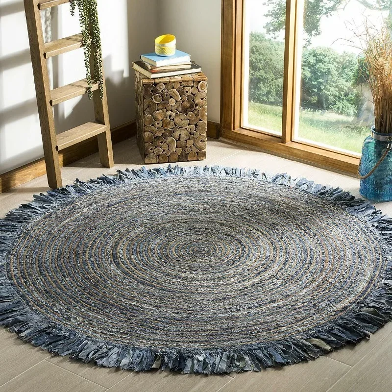 

Rug Jute & Denim Round Reversible Handmade Carpet Modern Rustic Look Area Rug