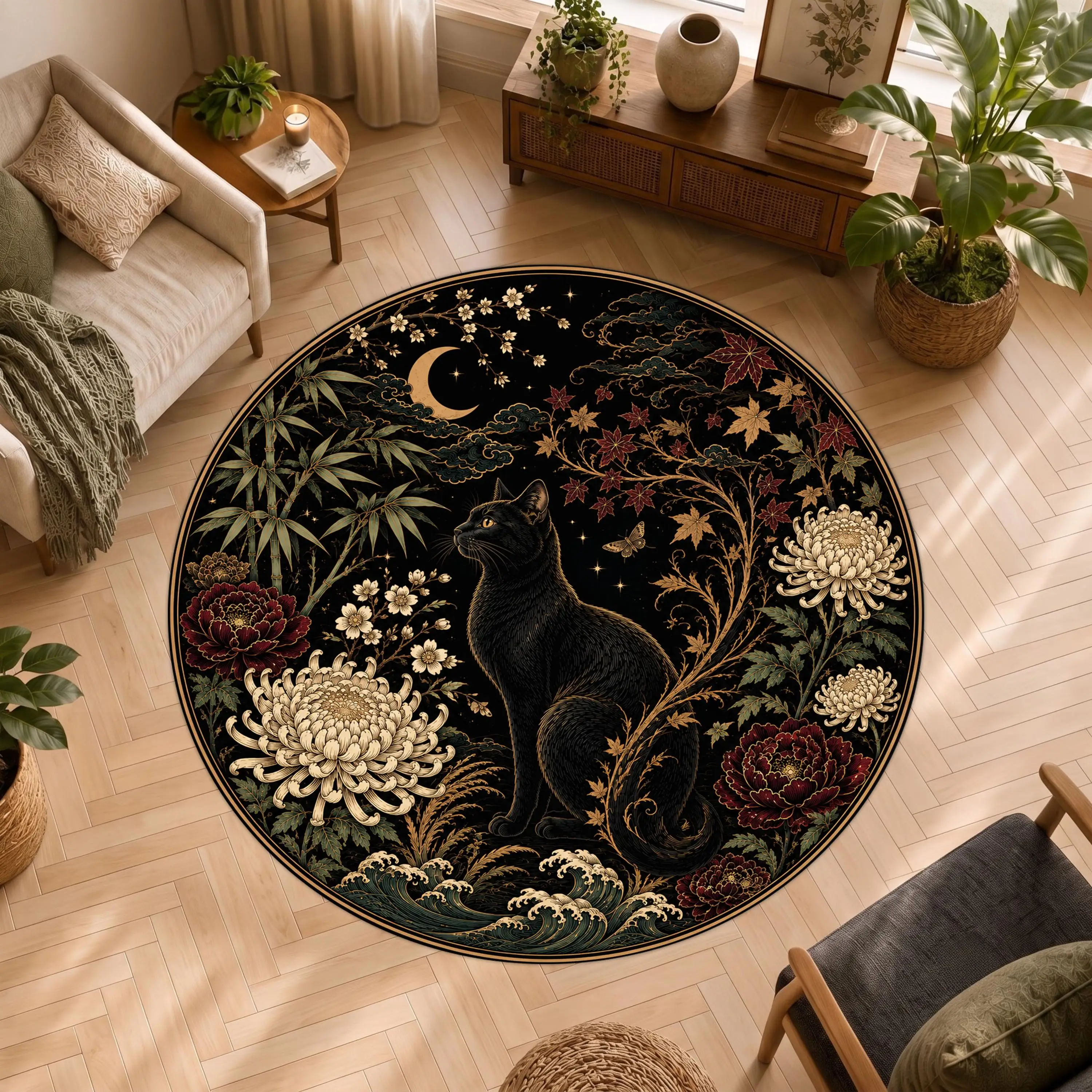 Vintage Black Cat Circle Carpet Closet Sunroom Veranda Home Decor Bookshelf Side Area Rug Cloakroom Dresser Floor Mat Rug