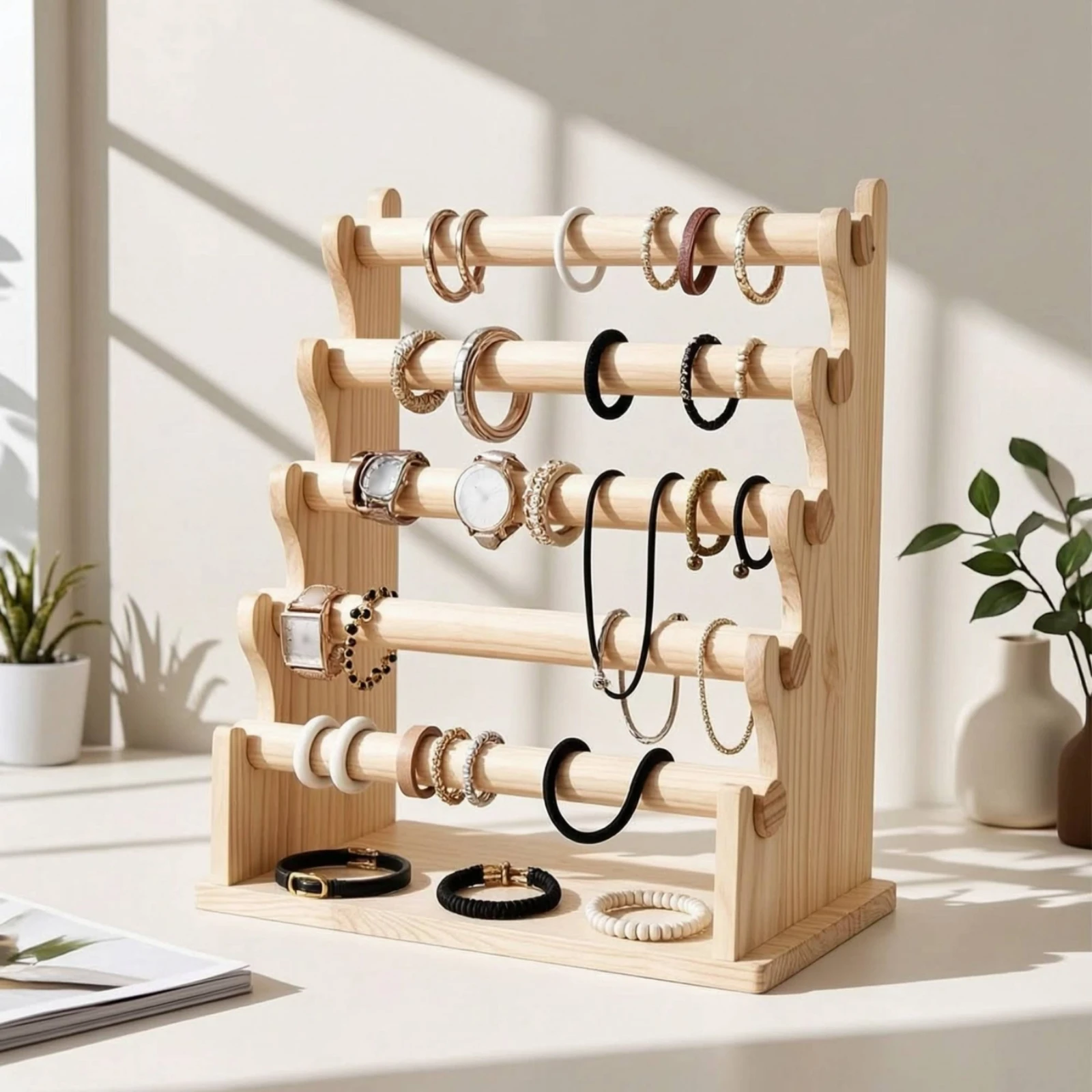 Jewelry Stand with Dowels Wooden Bracelet Holder with Base Jewelry Display Rack Freestanding Bracelet Holder Countertop