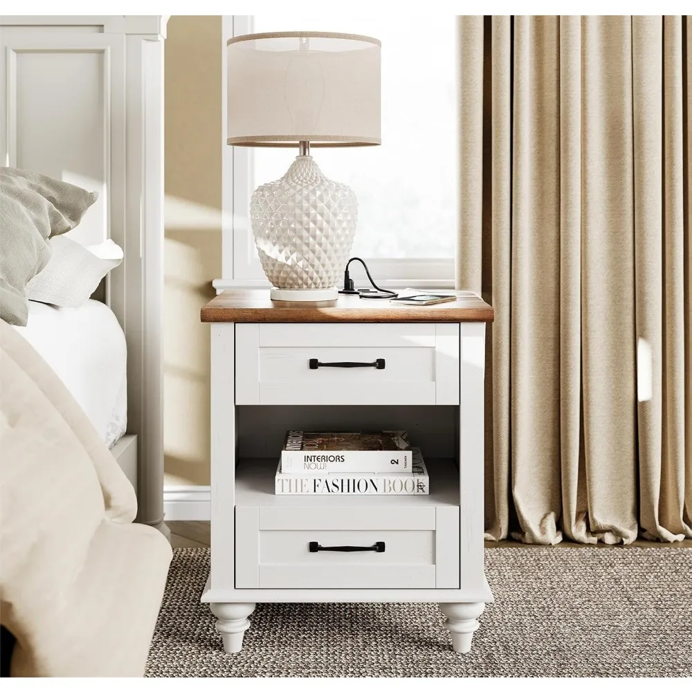 White Side Table with 2 Drawers & Charging Station, Mid Century Nightstand for Bedroom with Power Outlets & USB Ports, Wo