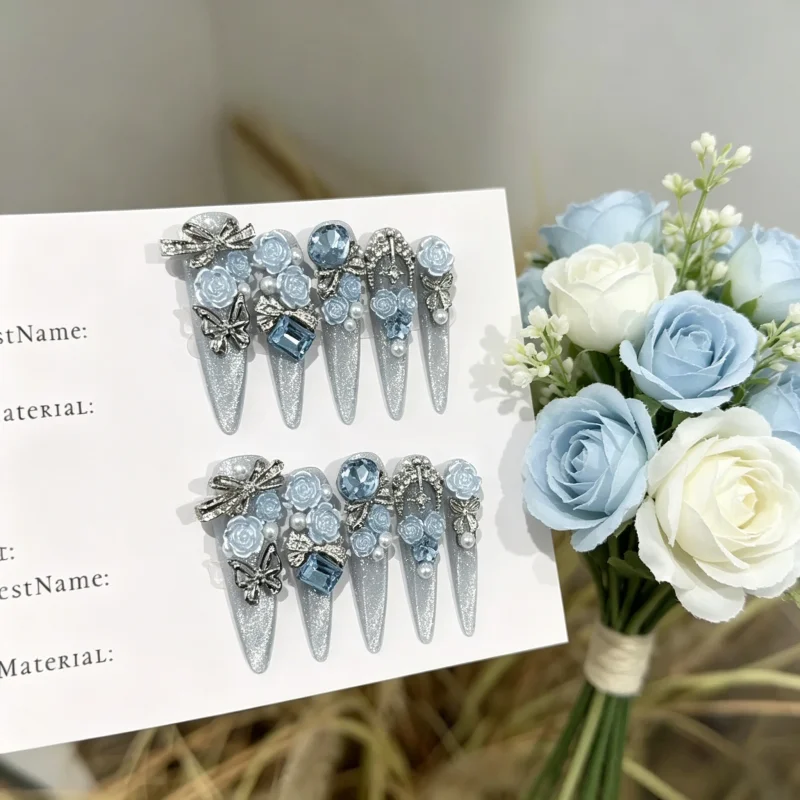 10Pcs Handmade Nails Ice-Blue Cat-Eye Heavy-Duty Full-Diamond Flower and Butterfly Designs Press-On NailsPerfect for Girls