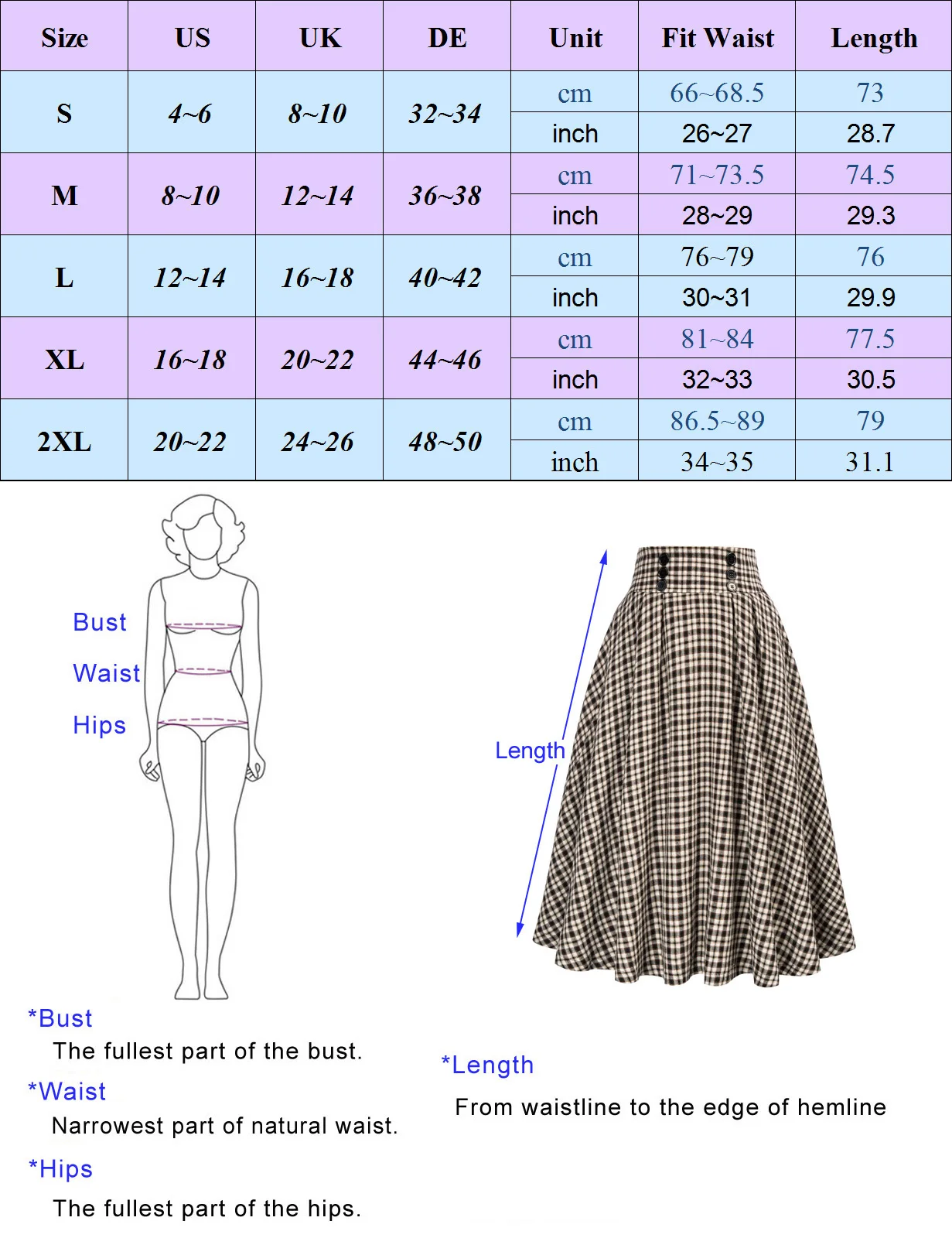 Belle Poque Women Plaid Skirt Elastic High Waist Buttons Decorated A-Line Skirts Knee Length Pleated Midi Skirt With Pockets A30