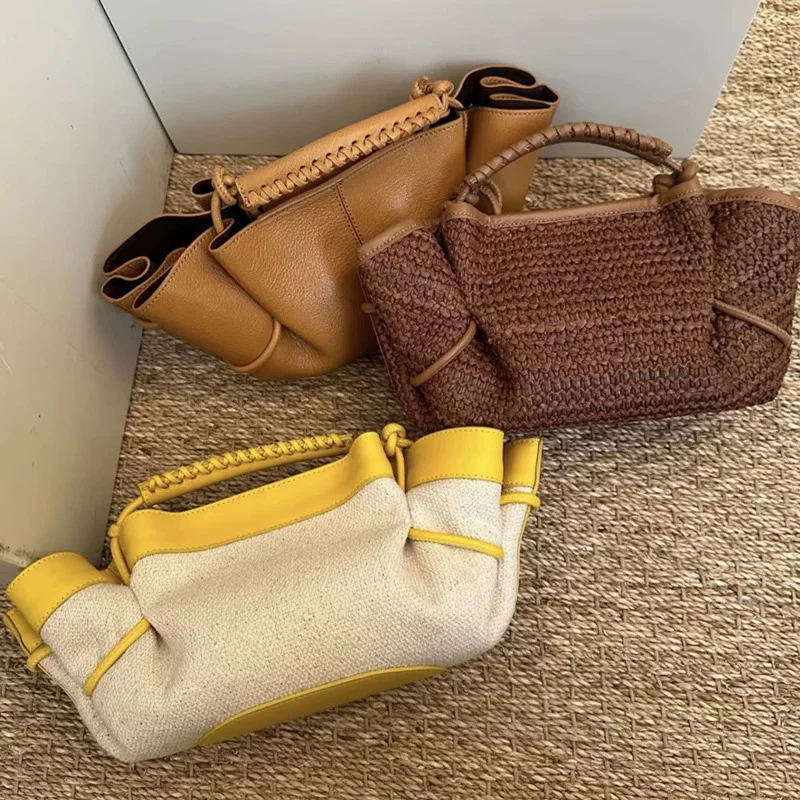 

Luxury Brown Leather Braided Handbag Niche Exquisite Versatile Pleated Shoulder Bag Women's Fashion Brand Solid Color Bucket Bag