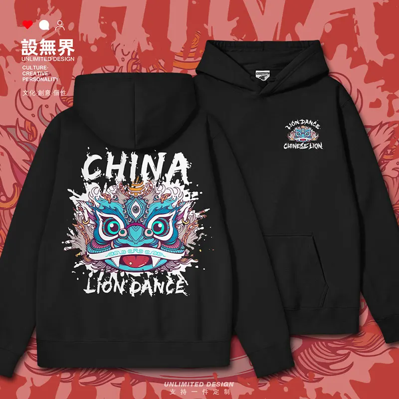 

Original Chinese Lion Dance Awakens Lion Head and Ocean Wave Elements Graffiti Personality mens hoodies autumn winter clothes