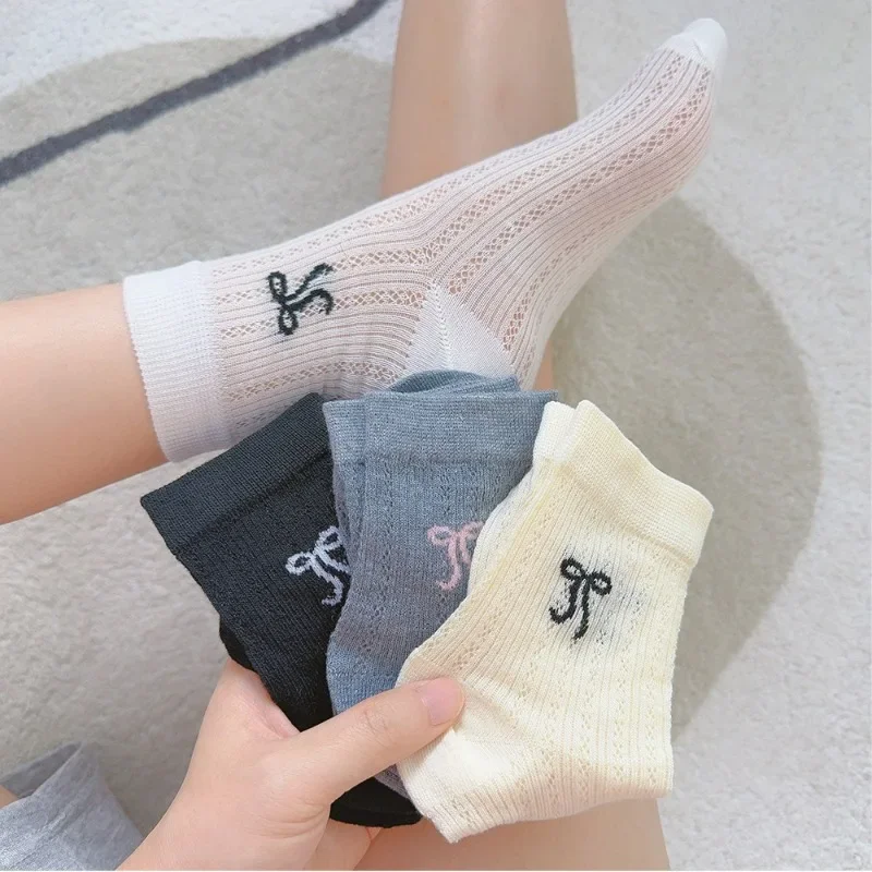 Women Bow Socks Korean Style Basic Cute Socks Bow Breathable Thin Spring White Lace Short Crew Sock Casual Simple Koran Socks