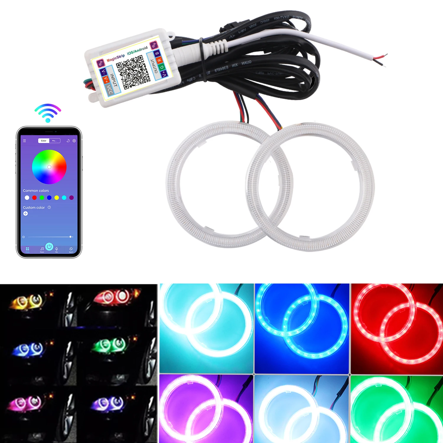 2PCS Car Halo Rings RGB APP Bluetooth Angel Eyes Wierless for Car Motorcycle Headlight RGB Bluetooth APP Control Angel Eyes