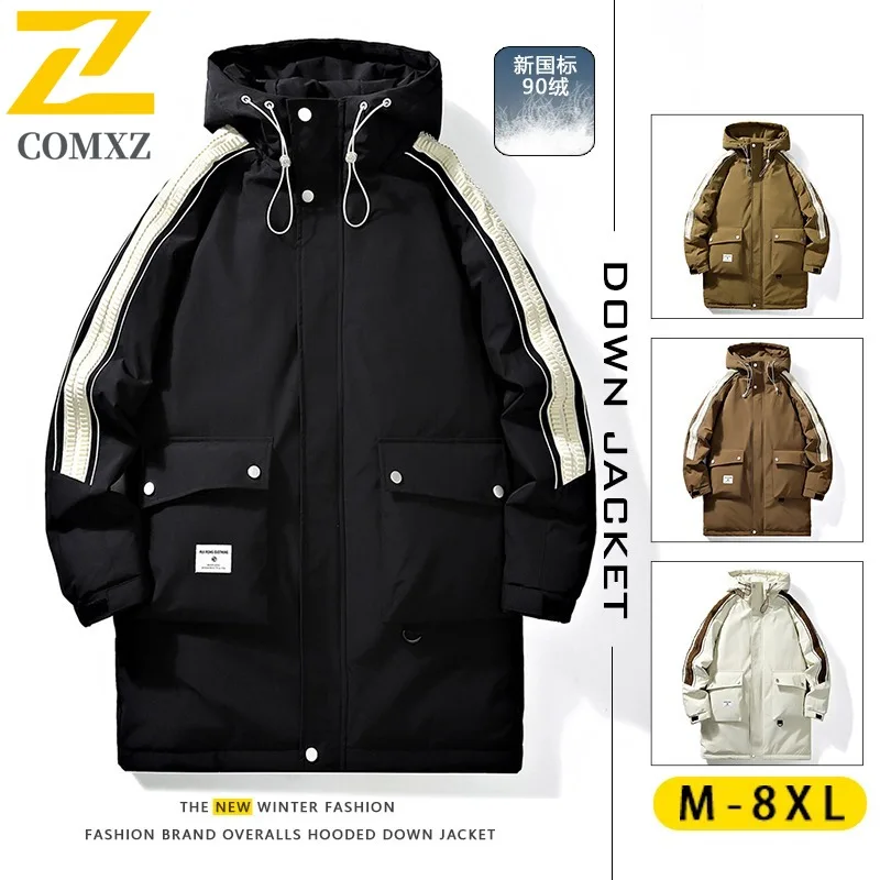 COMXZ الشتاء الرجال منتصف طول كبير الحجم أسفل سترة جديدة المعايير الوطنية 90% الأبيض بطة أسفل مقنعين تسلق بدلة رياضية في الهواء الطلق