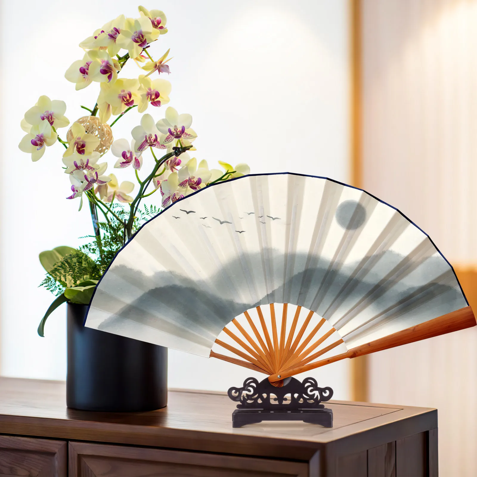 Folding Fan Stand Premium Plastic Stable Display Base Decorative Holder for Home Desktop Vintage Oriental Style Fan Display
