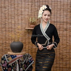 Traditional women thailand clothing chinese Dai ethnic style lacing hanfu top straight skirt elegant dignified temperament set