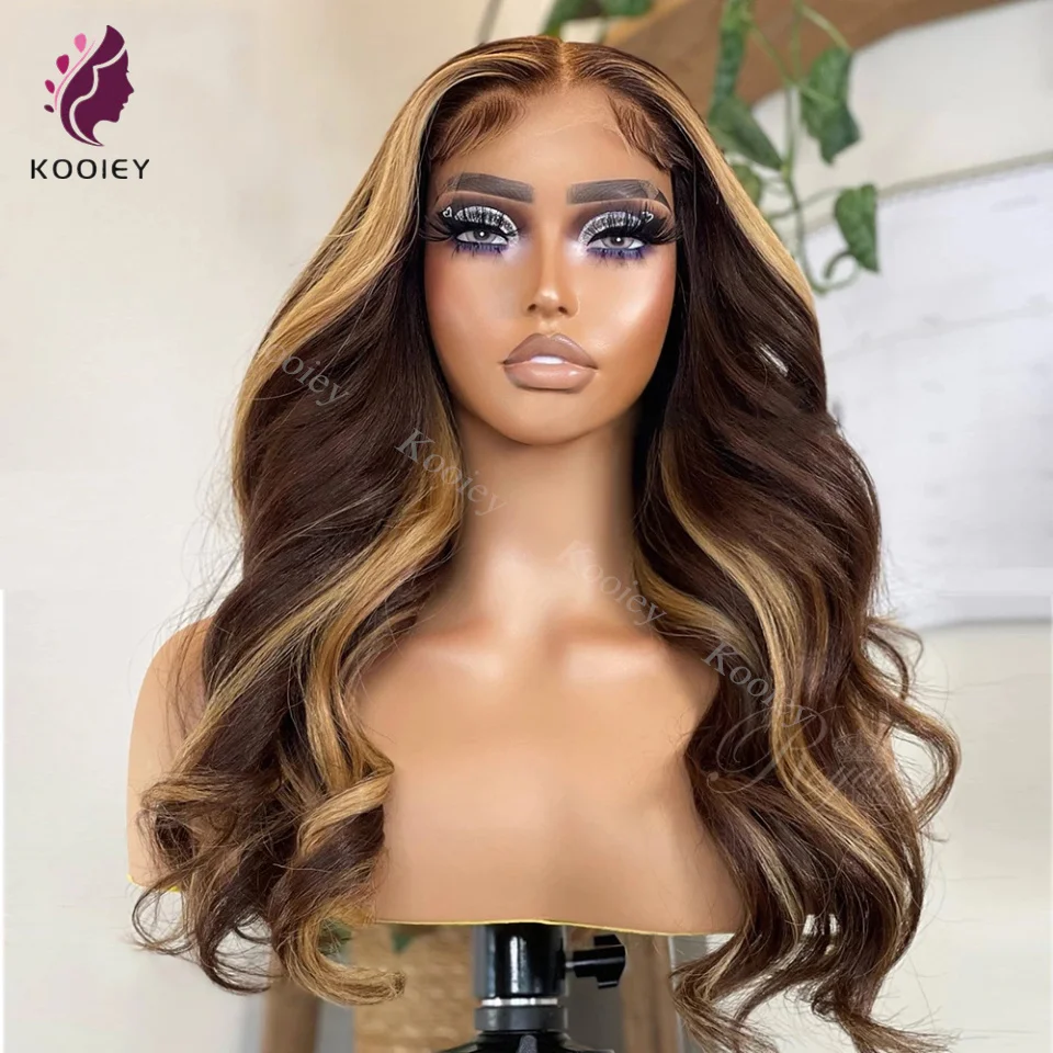 Honey Blonde Brown Highligh 5x5 Silk Top Human Hair Wig Brazilian Body Wave Ombre 13x4 Lace Front Human Hair HD Transparent Wigs