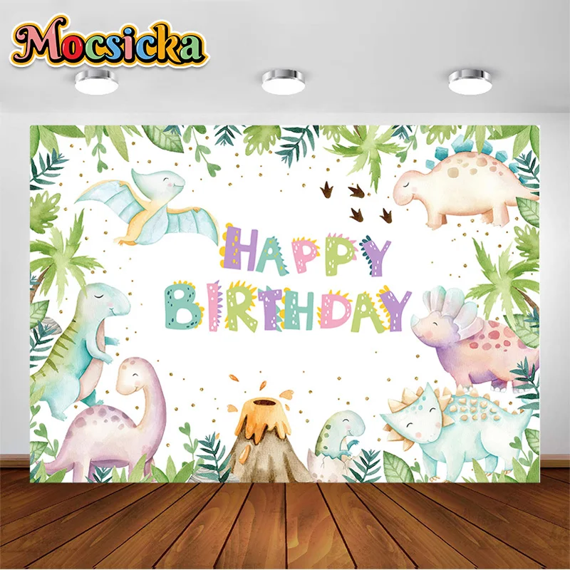 

MOCISICKA Little Dinosaur Happy Birthday Kids Photography Backgrounds Jungle Dinos Volcanoes Decorative Photo Backdrops