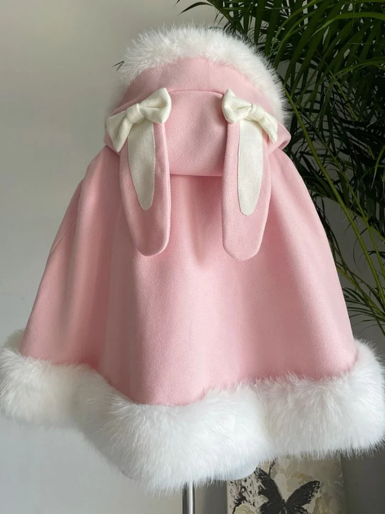 

Rabbit's Ears Hooded Cloak Japanese Lolita Sweet Jackets Women Y2k Aesthetic Lace Patchwork Love Coat Harajuku Kawaii Bow Jacket