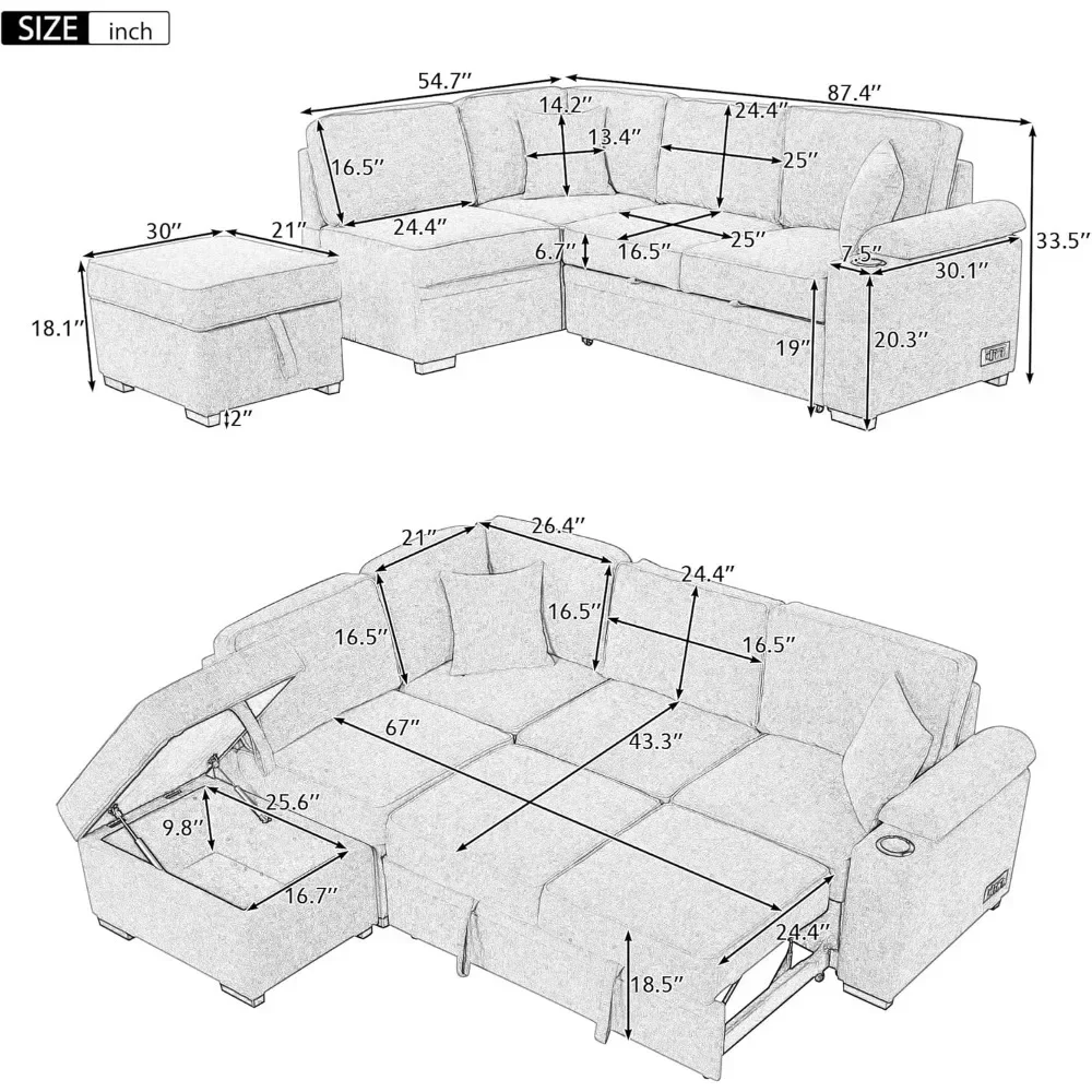 Sleeper Sofa Bed L Shaped Sectional Couch with Storage Ottoman and Chaise for Living Room, Small Apartment Love Seats